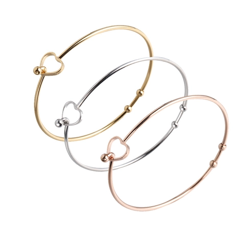 Hollow Heart Cuff Bracelet Stainless Steel Polished Open Bangle With Beads Minimalist Jewelry For Women