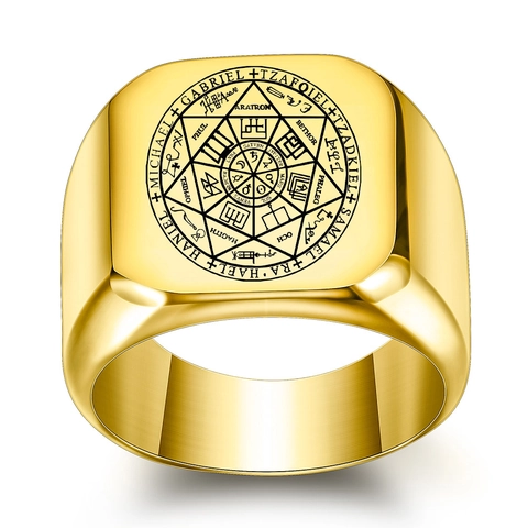 Anello Sigillo Dei Sette Arcangeli In Acciaio Inossidabile Vintage Occulto Religioso Inciso Al Laser Faccia Quadrata Da Uomo
