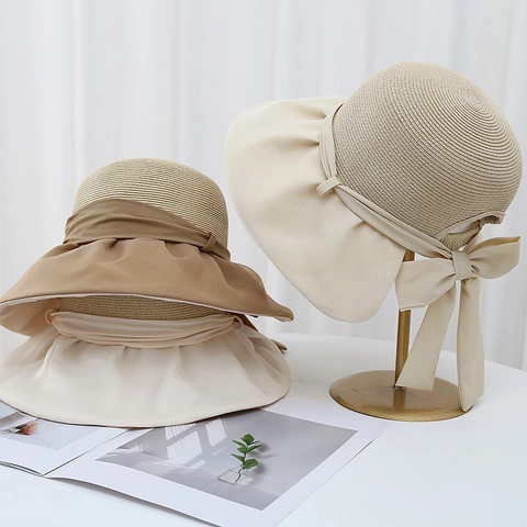 Cappello Da Sole Donna Paglia Tessuto Patchwork Protezione UV Tesa Larga Fiocco Elegante Vacanze Mare Estate