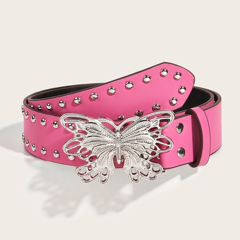 Cintura da Donna in Ecopelle alla Moda con Fibbia a Farfalla Argento e Borchie Stile Punk per Jeans Accessori Casual