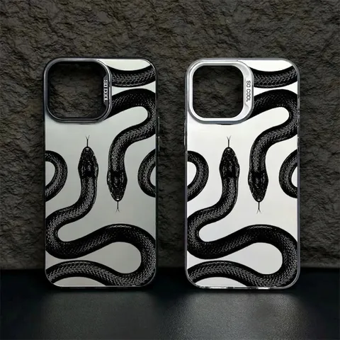 Creative Python Snake Pattern Mirror Phone Case For iPhone 16 15 14 13 12 11 Pro Max Cool Dark Style Animal Graphic Shockproof PC Protective Cover