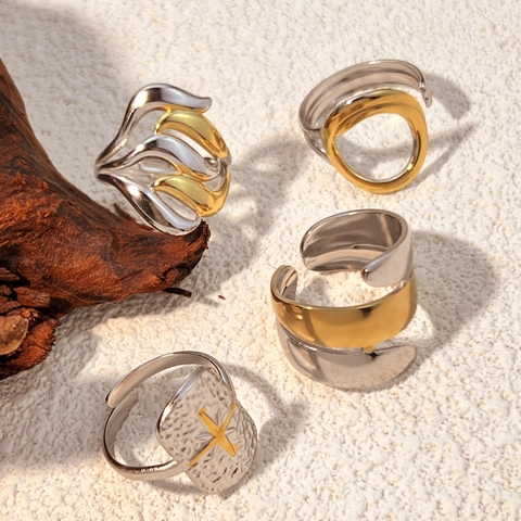 Zwei Ton Edelstahl Verstellbare Offene Ringe Geometrisch Gewellt Gehämmert Kreuz Stern Minimalistischer Stil Für Frauen