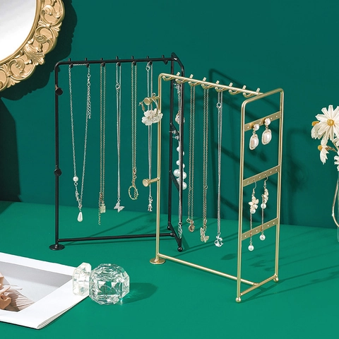 Jewelry Display Rack Metal Necklace Earring Storage Stand With Hooks And Holes Desktop Organizer Modern Luxury Decor