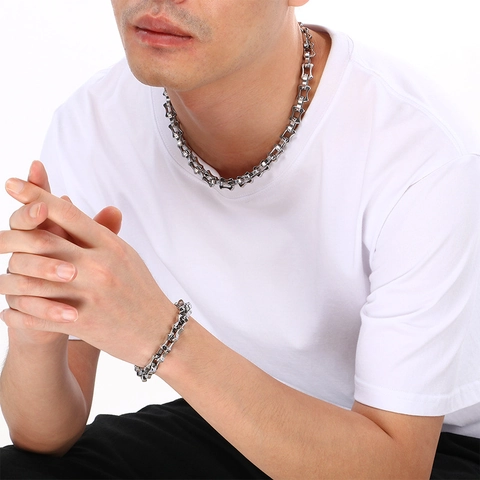 Collar Y Pulsera De Acero Inoxidable Con Cadena De Eslabones De Bambú Hip Hop Y Cierre OT De Diamantes