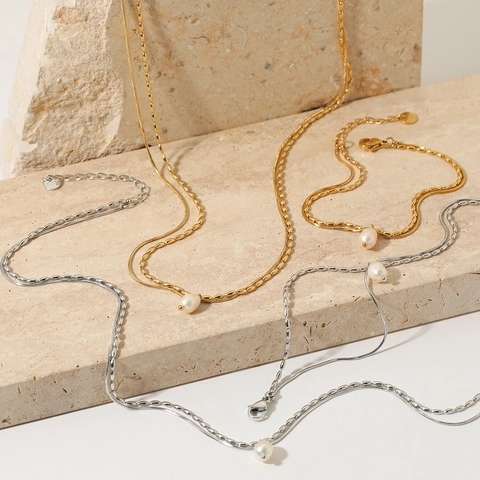 Double Layer Snake And Rice Bead Jewelry Stainless Steel Natural Artificial Pearl Pendant Fashionable Elegant For Women