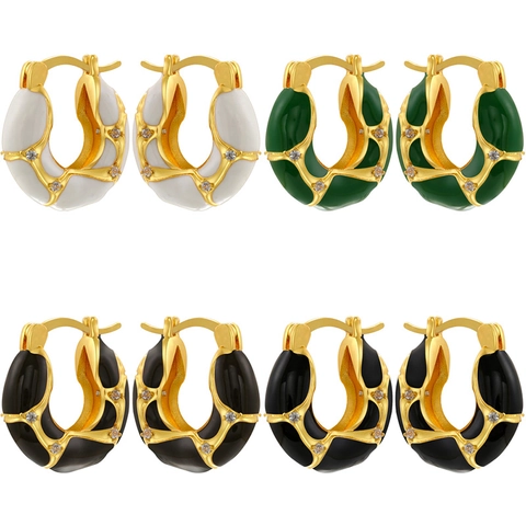 Enamel Hoop Earrings Brass Zircon Inlay Irregular U-Shape Design Light Luxury Trendy Fashion Jewelry Women