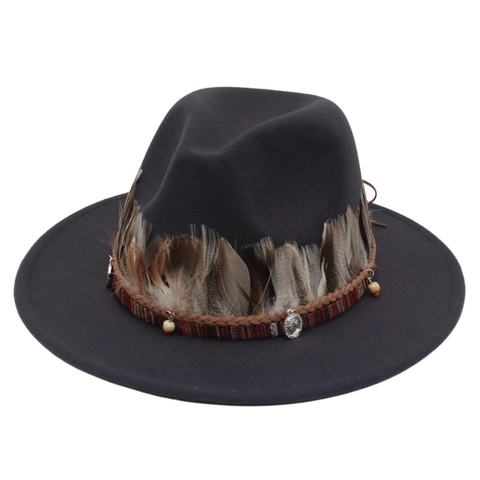 Bohemian Fedora Hut Wollfilz Breite Krempe Mit Naturfedern Holzperlen Legierungsmünzen Ethno Retro Stil Für Damen Herren