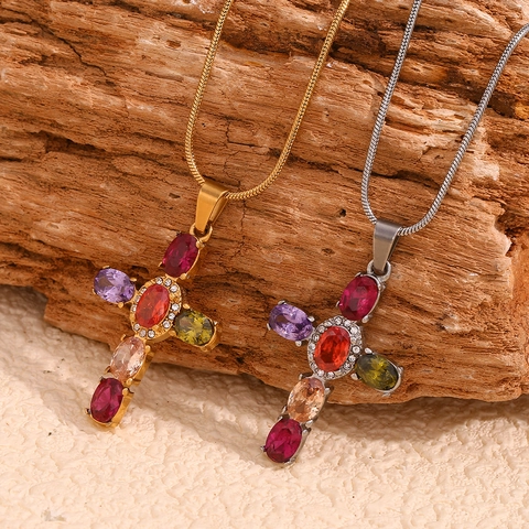 Collana Con Pendente A Croce Acciaio Inossidabile Placcato Oro 18K Con Pietre Preziose In Zircone Colorato Stile Bohémien Vintage Per Donna