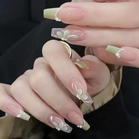 Unghie Finte Perla Artificial Camelia Design Floreale Francese Verde Salvia Forma Bara Unghie Artificiali Accessorio Per Manicure Elegante