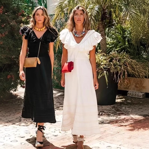 Women V Neck Flutter Sleeve Maxi Dress Elegant Solid Color High Waist Ruffle Rickrack Trim Vacation Style