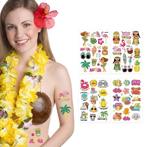 Hawaiian Aloha Temporary Tattoo Stickers Gold Foil Waterproof Summer Beach Party Tropical Flamingo Pineapple Tiki Designs