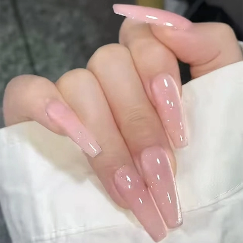 Uñas Postizas Press On Forma Ataúd Largo Ballerina Ojo De Gato Brillo Color Rosa Pasta De Frijol Translúcido Plástico ABS