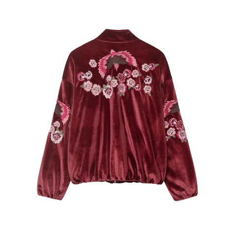 Damen Samtjacke Mit Blumenstickerei Stehkragen Langarm Reißverschluss Retro Mode Lässiger Kurzer Mantel Burgund