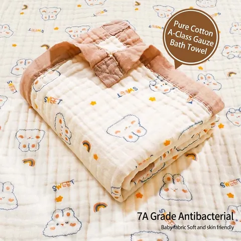 Baby Bath Towel Muslin Gauze Pure Cotton Multi Layer Swaddle Blanket Soft Absorbent Breathable Class A Infant Cartoon Print