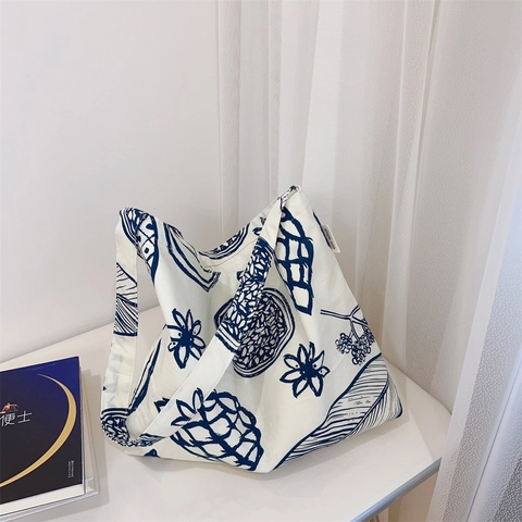 Hand Painted Floral Print Canvas Crossbody Bag Literary Cotton Tote Aesthetic Large Capacity Casual Shoulder Bag For Women