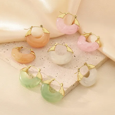 Boucles D'oreilles Créoles En Forme De U Acier Inoxydable Résine Motif Marbré Mode Coloré Croissant Bijoux Pour Femmes