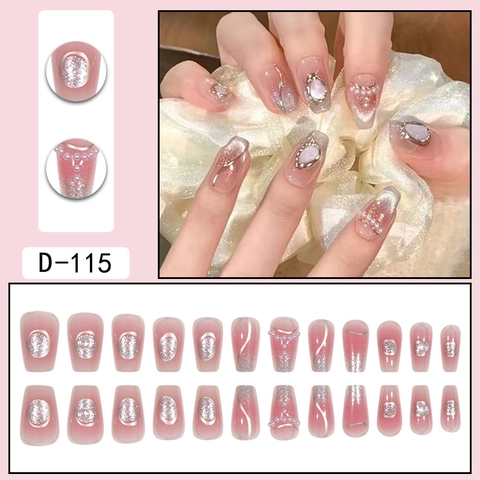 Handgemachte Künstliche Nägel Rosa Farbverlauf Silber Cat Eye Magnetisch Kunstperlen Strass Dekor Lange Ballettform