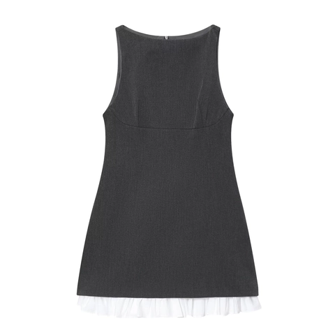 Sleeveless Mini Dress Elegant Grey Boat Neck Back Zipper Polyester TR Twill White Ruffled Hem Fashionable For Women
