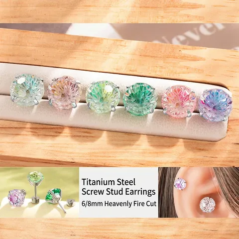 Round Cut Zircon Stud Earrings Titanium Steel Screw Back Ear Cartilage Piercing Jewelry Hypoallergenic