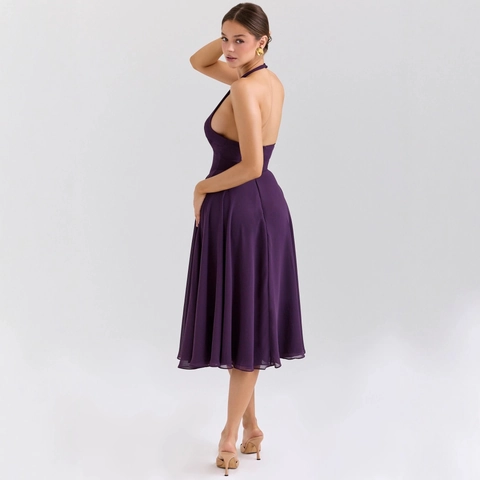 Halter Midi Dress Polyester Chiffon Backless Deep V Neck High Waist Sleeveless Party Evening Elegant Retro Solid Color Women
