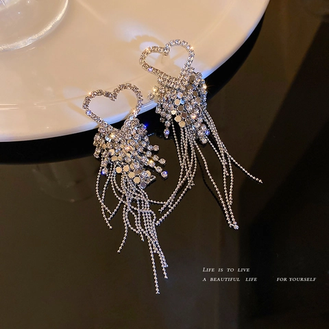 Orecchini Pendenti Con Nappa Di Strass E Perline Di Riso A Cuore Con Perno In Argento Gioielli Donna Per Feste