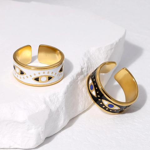 Evil Eye Stainless Steel Adjustable Open Ring Enamel Gold Plated Lucky Protection Jewelry Fashion Accessory