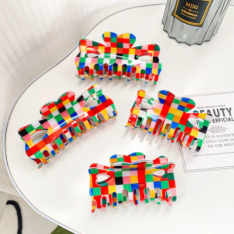 Colorful Checkerboard Hair Claw Clip PVC Retro Hollow Heart Shark Clip Large Small Trendy Fashion Hair Accessory