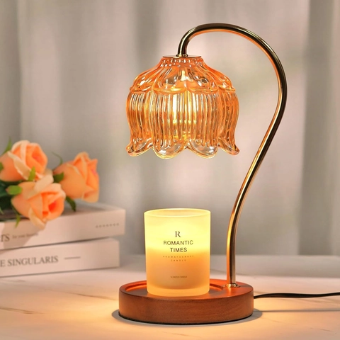 Electric Candle Warmer Lamp Dimmable Timer Wax Melting Lamp Glass Tulip Shade Metal Stem Wooden Marble Base Retro Decor