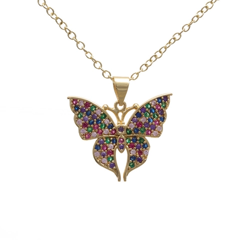 Collar Con Colgante De Mariposa Cobre Chapado En Oro Circonita Cúbica Colorida Estilo INS Regalo De Joyería Para Mujer