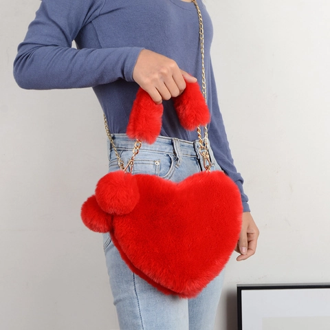 Heart Shaped Faux Fur Handbag With Metal Chain Pom Pom Sweet Plush Crossbody Shoulder Bag For Women Girls