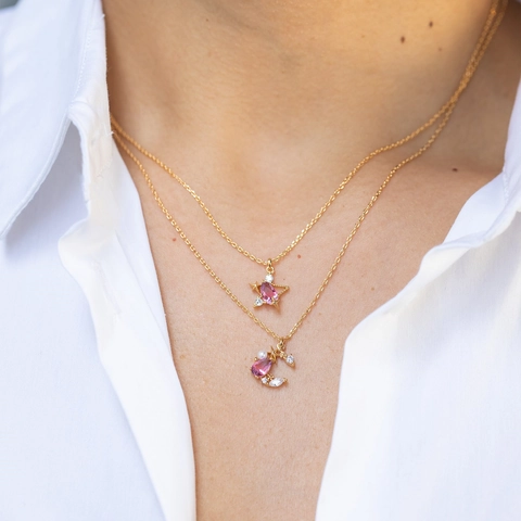 Collana con Pendente Stella Luna in Rame Placcato Oro 18K Strass Rosa Perla Artificiale Gioielli Moda Minimalista da Donna