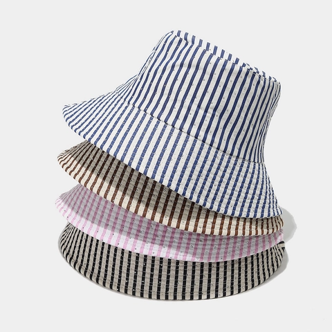 Striped Bucket Hat For Women Cotton Polyester Rhinestone Sparkly Wide Brim Sun Protection Foldable Fisherman Cap