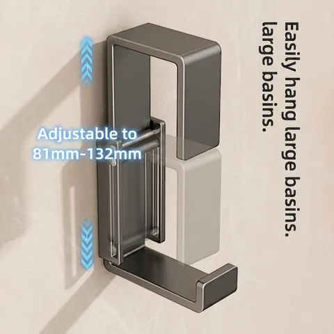 Retractable Washbasin Hook Rack Wall Mounted Carbon Steel Adjustable Basin Organizer For Bathroom Kitchen Punch Free Gun Grey Rustproof