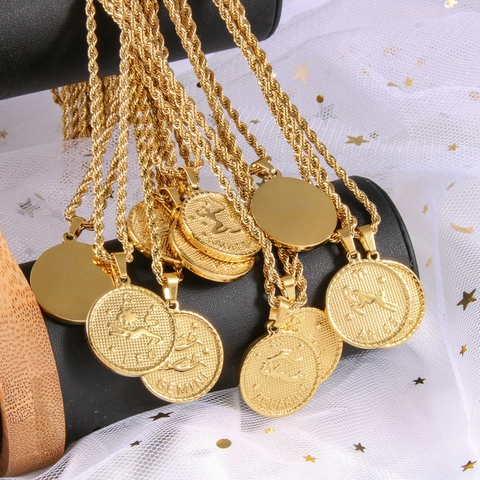 Collana Segni Zodiacali Ciondolo Moneta Rotonda Acciaio Inossidabile Placcato Oro 18K Catena A Corda Gioielli
