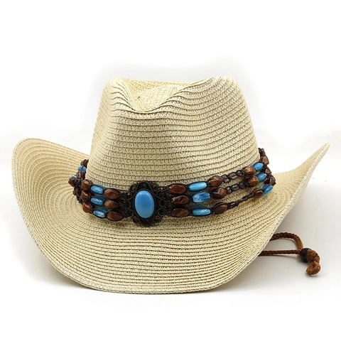 Western Cowboy Straw Hat Ethnic Beadwork Turquoise Decor Wide Brim Sun Protection Breathable Unisex Outdoor Travel