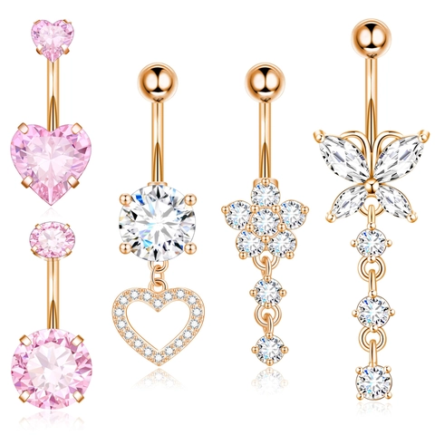 Belly Piercing Navel Rings 316 Stainless Steel Copper Zirconia Heart Butterfly Dangle Sexy Body Jewelry For Women