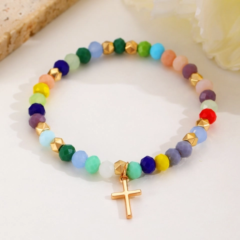 Bohemian Colorful Beads Bracelet With Stainless Steel Alloy Cross Heart Coconut Tree Charms Adjustable Jewelry For Women