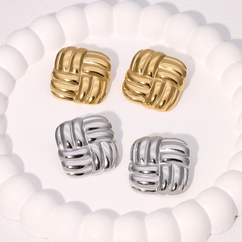 Square Woven Texture Stud Earrings Stainless Steel Geometric Minimalist High End Fashion Accessories Women