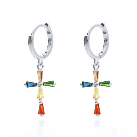 Pendientes De Aro De Cruz Con Circonita Colorida Incrustada Cobre Colgantes Con Poste De Plata De Ley 925 Para Mujeres