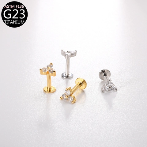 G23 Titanium Labret Lip Stud Internally Threaded Flat Back Zircon Star Moon Cross Crown Body Piercing Jewelry Earring