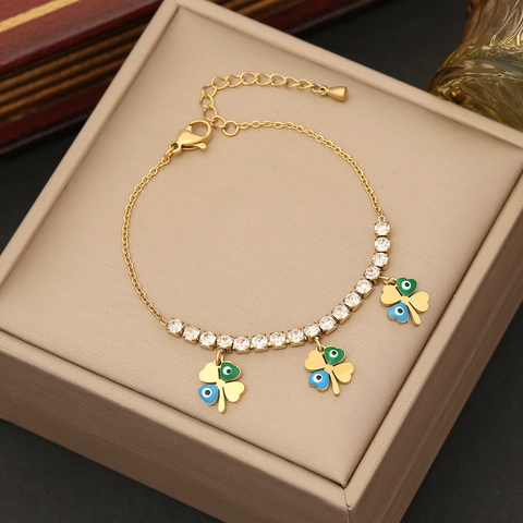 Bracciale Ciondoli Malocchio Placcato Oro Acciaio Inossidabile Con Zircone Strass Smalto Stella Trifoglio Donna