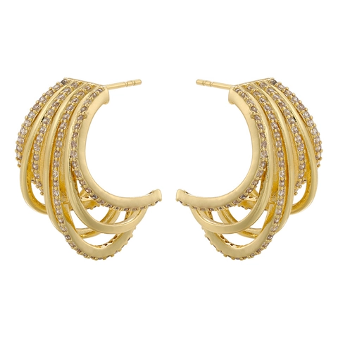 Retro Meerlaagse Holle C-Vorm Koperen Hoop Oorbellen Voor Dames Met Pavé Cubic Zirconia Vintage Stijl Sieraden