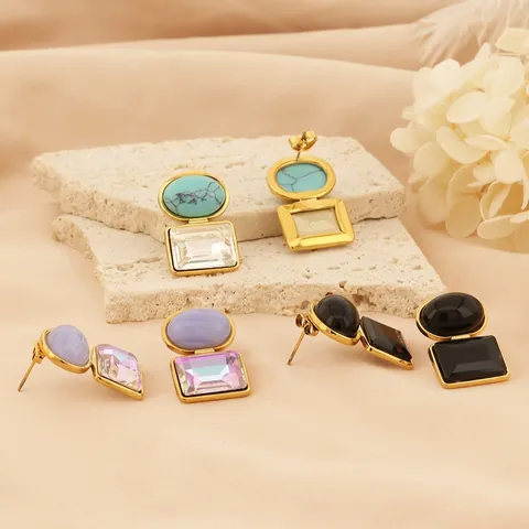 Vintage Geometrische Hängerohrringe Edelstahl Vergoldet Mit Kunststein Kristall Für Damen Eleganter Modeschmuck