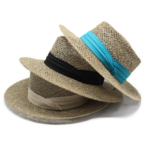 Damen Boater Strohhut Papierstroh Sonnenschutz Breite Krempe Hohl Flaches Top Sommer Strand Reisen Elegant