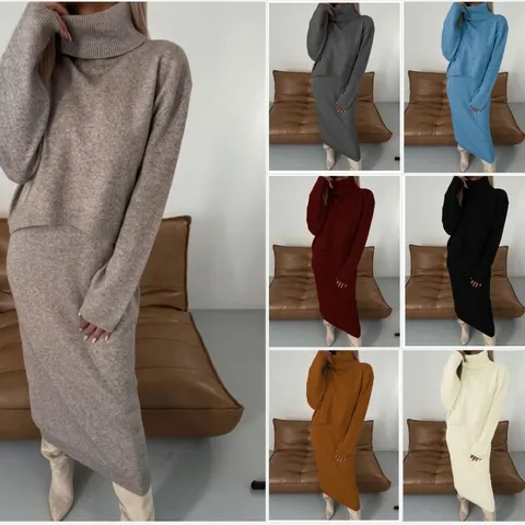 Maglione In Maglia A Collo Alto Manica Lunga Da Donna E Abito Maxi Senza Maniche Elegante Tinta Unita Outfit Invernale