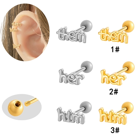 Orecchini Per Cartilagine Con Lettere Acciaio Al Titanio Him Her Them Chiusura A Vite Piercing Minimalista Gioielli