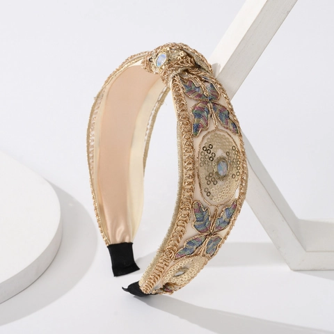 Brede Haarband Kant Borduurwerk Gouden Lovertjes Strass Bloemen Vlinderpatroon Boheems Gevoerde Haarknoop Voor Dames