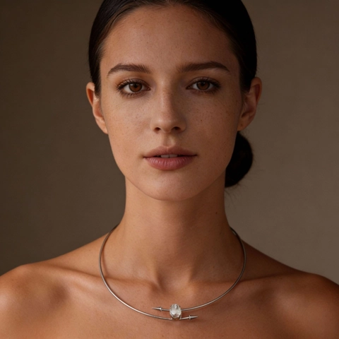 Frauen Minimalistische Geometrische Kupfer Choker Halskette Versilbert Ovaler Strass Pfeil Akzente Offener Torque Schmuck
