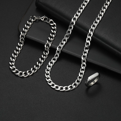 Hiphop Panzerkette Halskette Armband Und Ring Edelstahl Polierter Schmuck Mode Für Herren Damen