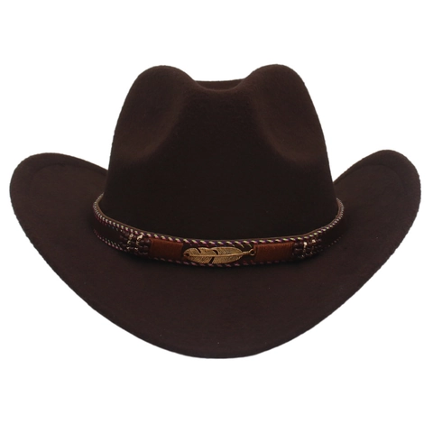 Chapeau De Cow-Boy Western En Feutre De Laine À Bord Large Style Ethnique Avec Ceinture Et Plume Dorée